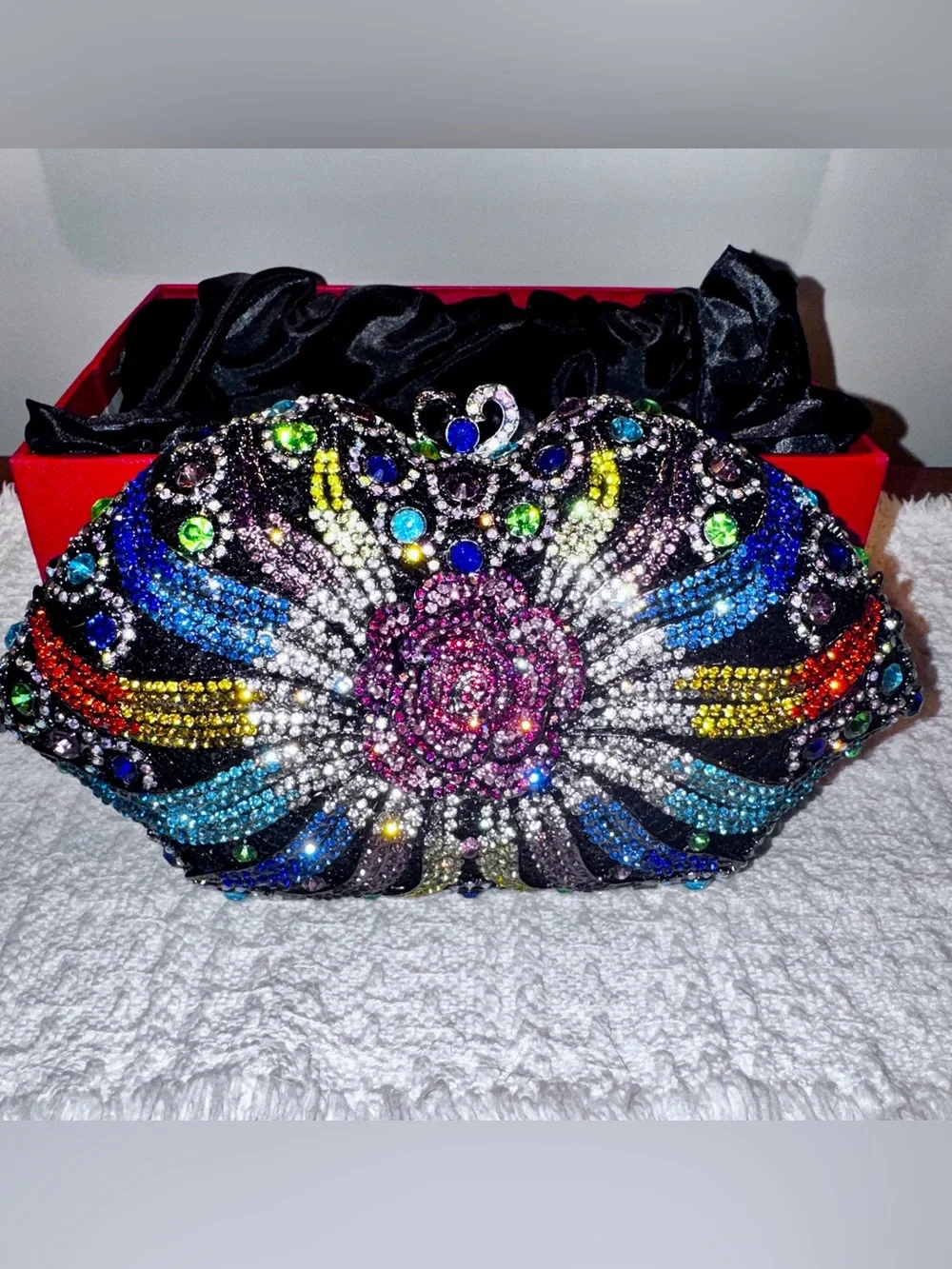 Crystal-Embellished Rose and Rainbow Color Vibrant sparkly Opera Clutch Bag